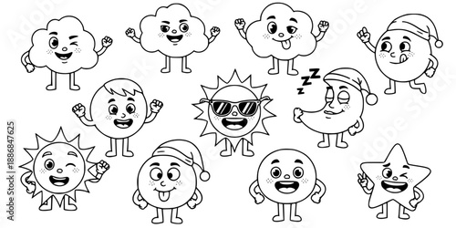 Cartoon Character Mascot Collection Playful Expression Quirky Friendly Vector Black White Simple Design