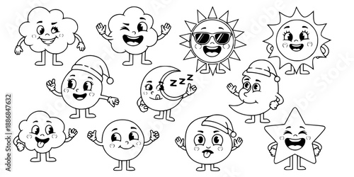Cartoon Character Mascot Collection Playful Expression Quirky Friendly Vector Black White Simple Design