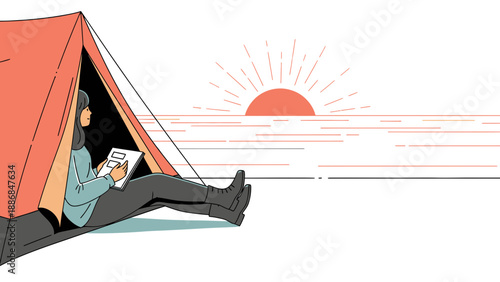 Woman Enjoying Sunrise In Tent On Beach With Digital Tablet Illustration