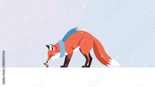 Winter Fox With Scarf Sniffing A Cherry Fruit Under Falling Snow