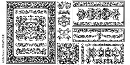 Maximalist Detailed Ornamental Pattern Complex Decorative Elaborate Border Vector Collection Black White