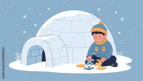 Winter Fun: Child Plays Puzzle Outside Igloo In Snowy Weather Setting