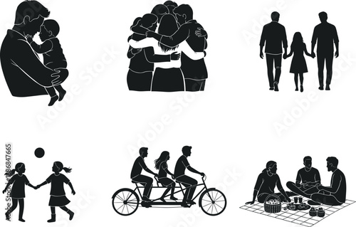 Happy family vector illustration showing parents and children spending time together, playing, cycling, hugging, and enjoying picnic moments, love and bonding concept