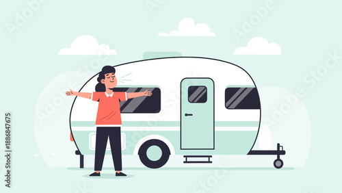 Woman Enjoying Vacation Time Near The Camper Van Surrounded By Clouds