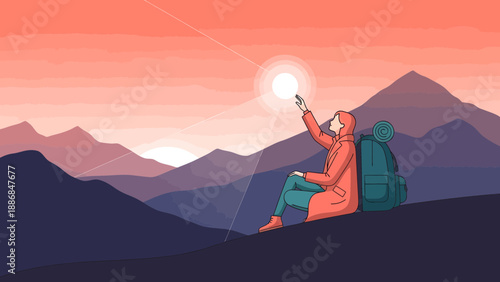 Woman Enjoying The Mountain View With Backpack After A Long Day Hiking
