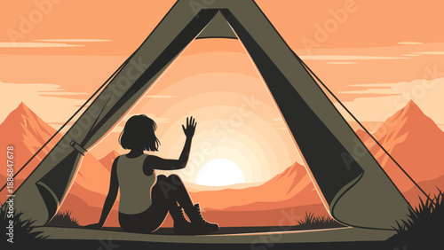 Woman Enjoying The Sunset View From Camping Tent In Mountains Landscape