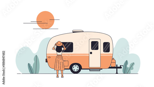 Woman Enjoying Vacation With Her Caravan Under The Sunset Flat Illustration