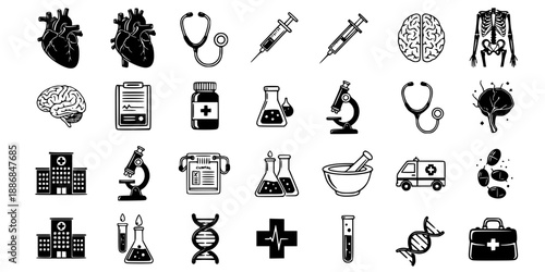 Medical Healthcare Science Icon Collection Anatomy Hospital Equipment Pharmaceutical Vector Black White