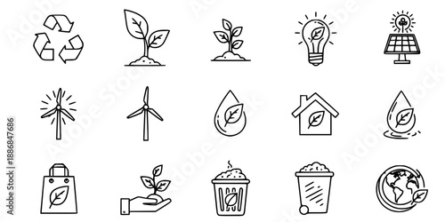 Sustainable Eco Friendly Environmental Icon Collection Green Living Recycling Nature Vector Black White