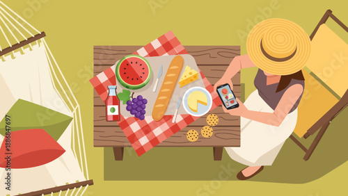 Woman Enjoys Outdoor Picnic While Capturing The Moment With Her Smartphone