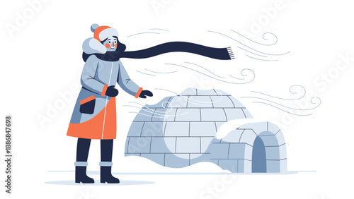 Woman Enjoying Winter Weather Near Igloo In Snowstorm With Windy Breeze