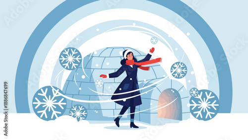 Winter Fun Woman Playing With Snowflakes Outside The Igloo Animated Scene