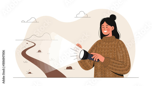 Woman Exploring a Winding Path With Flashlight Adventure and Discovery Concept