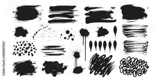Textured Artistic Brush Stroke Paint Splatter Ink Blot Organic Expression Vector Collection Black White