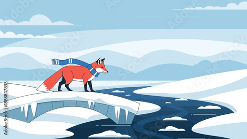 Winter Scarfed Fox Across Snowy Bridge Landscape Vector Illustration