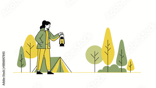 Woman Exploring The Woods With Camping Tent And Traditional Lantern Light