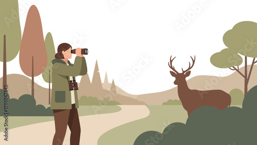 Woman Exploring Nature With Binoculars Spotting Deer In A Peaceful Forest