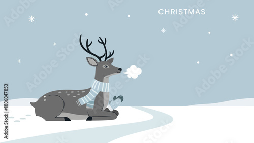 Winter Scene With Reindeer Wearing a Scarf Christmas Illustration Flat Design