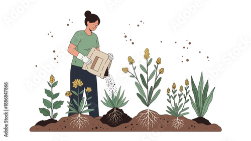 Woman Fertilizing Plants Illustration For Gardening And Agriculture Concept