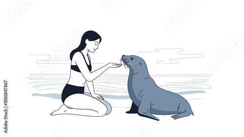 Woman Feeding A Curious Seal On The Shoreline In A Minimalist Aesthetic