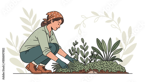 Woman Gardener Cultivating Seedlings in Flowerbed Outdoor in Spring Season