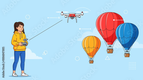 Woman Flying Drone Surrounded By Air Balloons In A Blue Sky Background