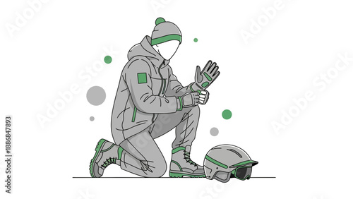 Winter Sport Preparation Outline Style Man Putting On Gloves Before Activity