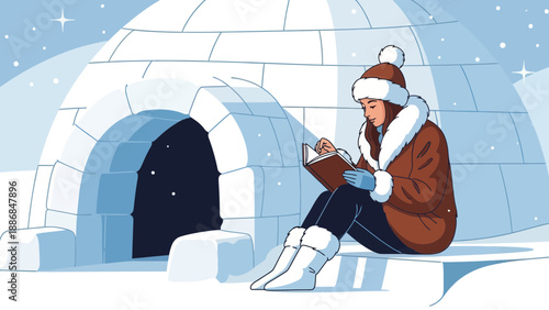 Winter Solitude A Woman Reading A Book Outside An Igloo In A Snowy Landscape