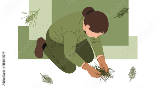 Woman Gathers Pine Needles For Craft Or Composting In A Garden Setting