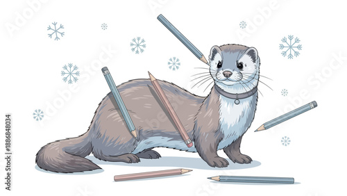 Wintery Ferret Surrounded By Pencils A Playful Illustration For Creative Projects