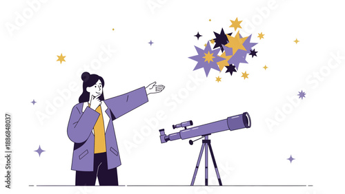 Woman Gazing At Stars With Telescope Exploring Astronomy Science And Universe