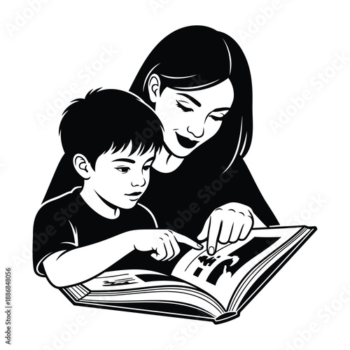Mother and son reading a book together black and white illustration child family