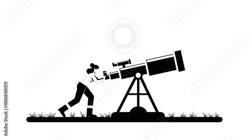 Woman Gazing Through Telescope At Night Sky With Stars Discovery