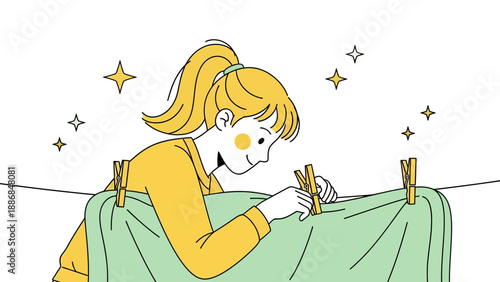 Woman Hanging Laundry With Clothespins Line Art Style Illustration