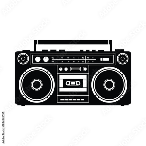 Retro boombox silhouette with cassette tape and speakers on white background radio music