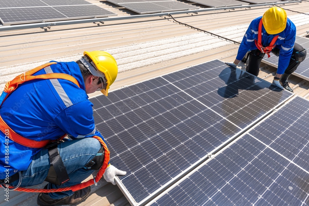 Fototapeta premium Two solar panel workers installing solar panels on a roof.