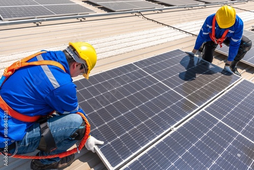 Two solar panel workers installing solar panels on a roof.