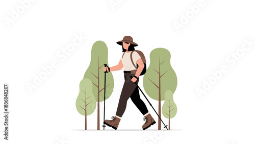 Woman Hiking Through Nature With Trekking Poles And Backpack In Minimalist Style