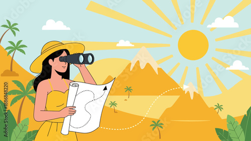Woman Adventurer Navigating With Map And Binoculars Under Bright Sunny Sky