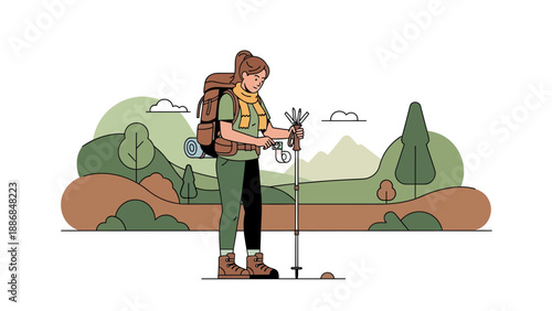 Woman Hiking Alone In The Mountains With Backpack And Trekking Poles