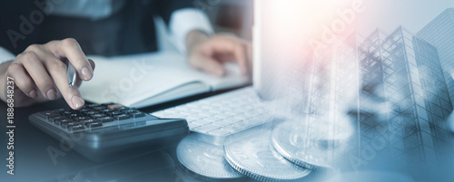 Business, finance, banking and investment concept. Business woman doing finance, tax calculation and budget planning, financial loan management, accounting company income and expense