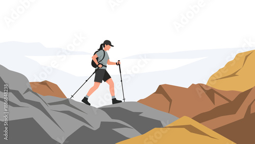 Woman Hiking Trekking On Rocky Mountain Illustration Adventure Exploring