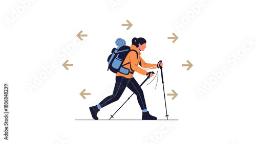 Woman Hiking With Backpack And Poles, Exploring Various Directions, Adventure Concept
