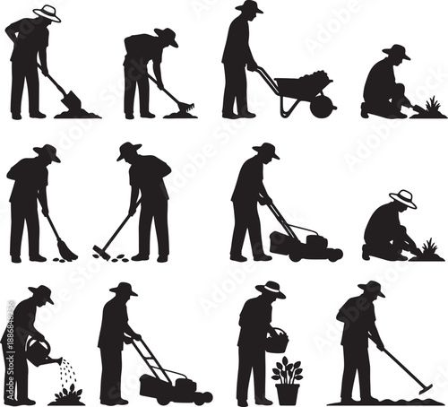 Silhouettes of people gardening with various tools and activities in three rows also transparent background