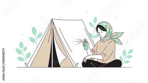 Woman Applies Insect Repellent On Tent During Camping Trip Outdoors