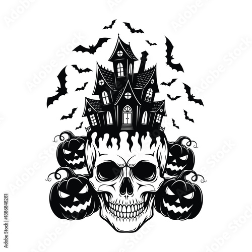 Spooky Halloween scene with skull haunted house and bats pumpkins