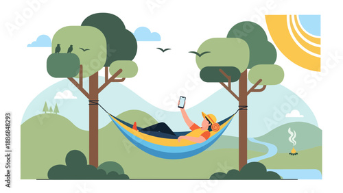 Woman In Hammock Enjoys Nature Using Mobile Phone In The Forest Illustration