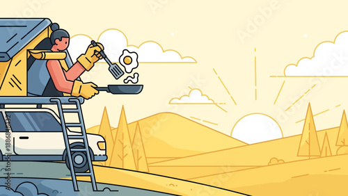 Woman Camping Adventure: Cooking On Car Roof With Amazing Sunrise Scenery