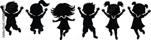 Happy jumping kids silhouettes vector illustration, cheerful diverse boys and girls playing, children with hands up celebrating, freedom and childhood joy concept for design.
