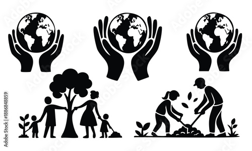 Earth Day silhouette family planting and care for planet icons
